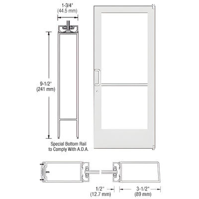 CRL-U.S. Aluminum White KYNAR® Paint 400 Series Medium Stile Active Leaf of Pair 3'0 x 7'0 Offset Hung with Pivots for Surf Mount Closer Complete Door Std. Lock and 9-1/2" Bottom Rail