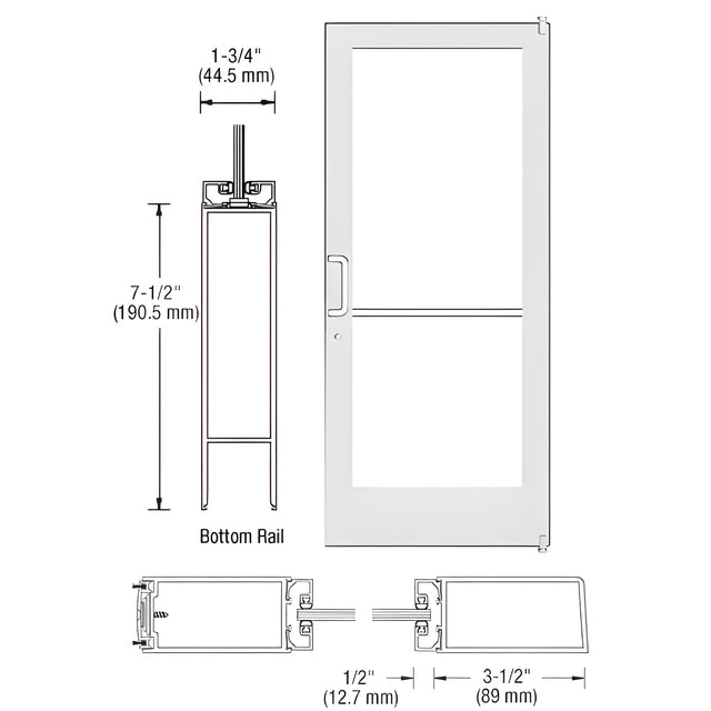 CRL-U.S. Aluminum White KYNAR® Paint 400 Series Medium Stile Active Leaf of Pair 3'0 x 7'0 Offset Hung with Pivots for Surf Mount Closer Complete Door/Std. MS Lock, 7-1/2" Std. Bottom Rail