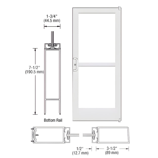 CRL-U.S. Aluminum White KYNAR® Paint 400 Series Medium Stile Active Leaf of Pair 3'0 x 7'0 Offset Hung with Pivots for Surf Mount Closer Complete Panic Door with Standard Panic and 7-1/2" Bottom Rail