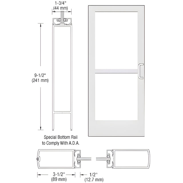 CRL-U.S. Aluminum White KYNAR® Paint 400 Series Medium Stile Inactive Leaf of Pair 3'0 x 7'0 Center Hung for OHCC w/Standard Push Bars Complete Panic Door with Std. Panic and 9-1/2" Bottom Rail