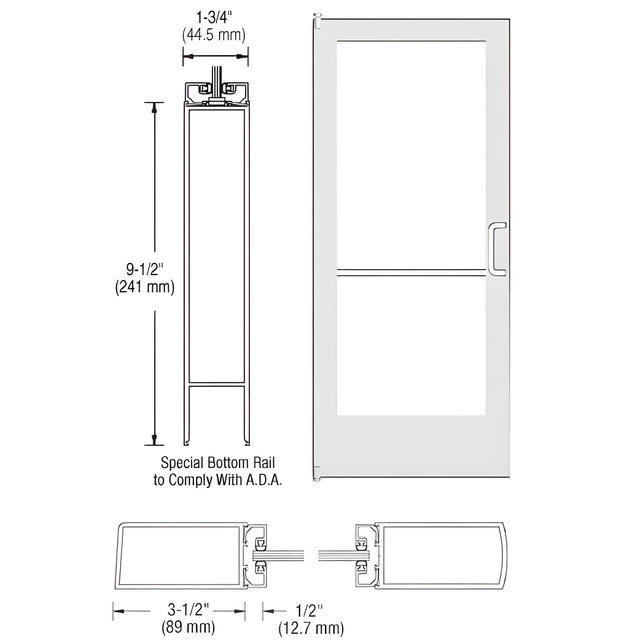 CRL-U.S. Aluminum White KYNAR® Paint 400 Series Medium Stile Inactive Leaf of Pair 3'0 x 7'0 Offset Hung with Pivots for Surf Mount Closer Complete Door Std. Lock and 9-1/2" Bottom Rail
