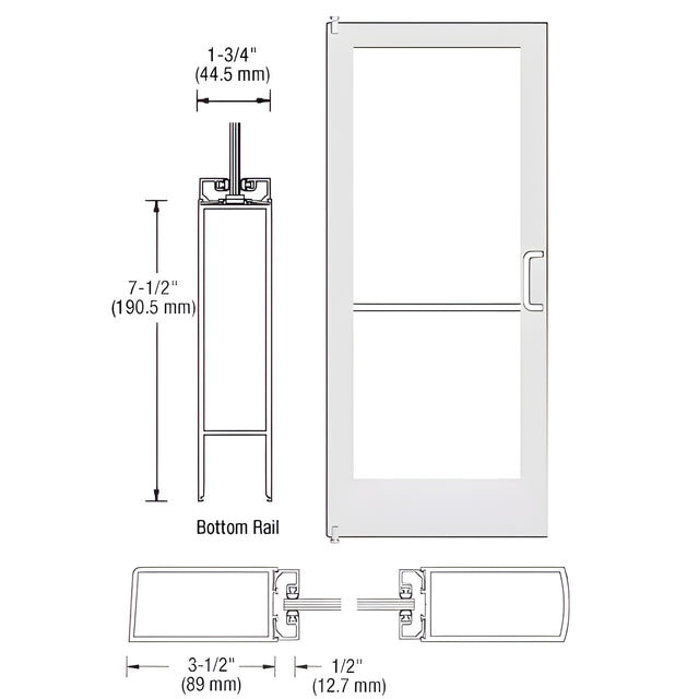 CRL-U.S. Aluminum White KYNAR® Paint 400 Series Medium Stile Inactive Leaf of Pair 3'0 x 7'0 Offset Hung with Pivots for Surf Mount Closer Complete Door/Std. MS Lock, 7-1/2" Std. Bottom Rail