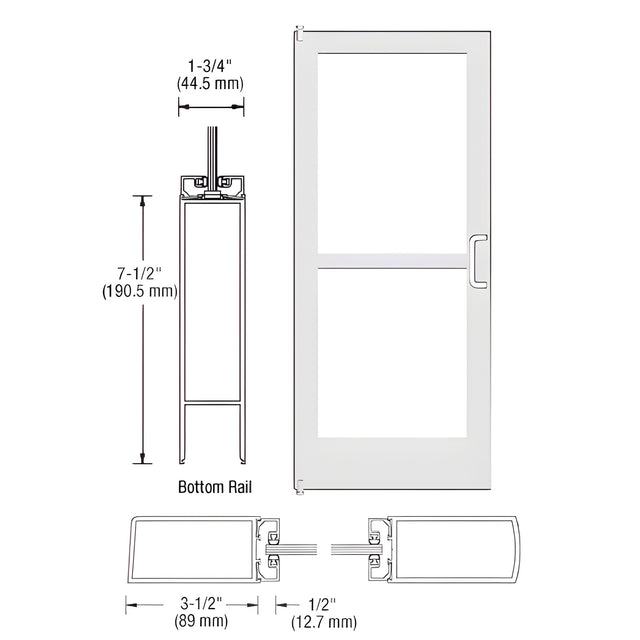 CRL-U.S. Aluminum White KYNAR® Paint 400 Series Medium Stile Inactive Leaf of Pair 3'0 x 7'0 Offset Hung with Pivots for Surf Mount Closer Complete Panic Door with Std. Panic and 7-1/2" Bottom Rail