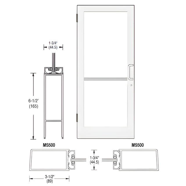CRL-U.S. Aluminum White KYNAR® Paint 400 Series Medium Stile (LHR) HLSO Single 3'0 x 7'0 Offset Hung with Butt Hinges for Surf Mount Closer Complete Door Std. MS Lock & Bottom Rail