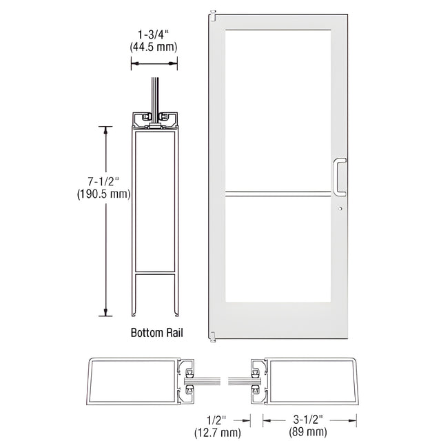 CRL-U.S. Aluminum White KYNAR® Paint 400 Series Medium Stile (LHR) HLSO Single 3'0 x 7'0 Offset Hung with Pivots for Surf Mount Closer Complete Door/Std. MS Lock, 7-1/2" Std. Bottom Rail