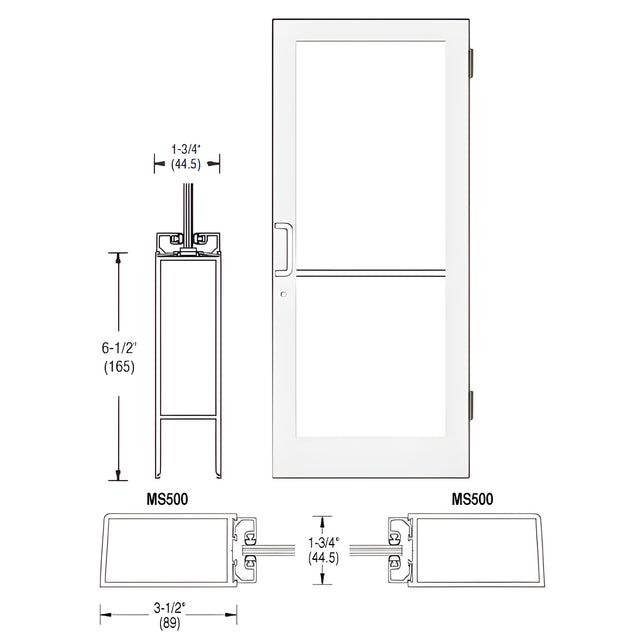 CRL-U.S. Aluminum White KYNAR® Paint 400 Series Medium Stile (RHR) HRSO Single 3'0 x 7'0 Offset Hung with Butt Hinges for Surf Mount Closer Complete Door Std. MS Lock & Bottom Rail