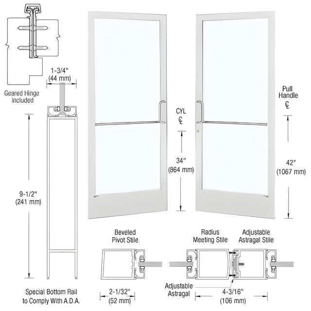 CRL-U.S. Aluminum White KYNAR® Paint Custom Pair 72" x 84" Series 250 Narrow Stile Gear Hinge Entrance Door
