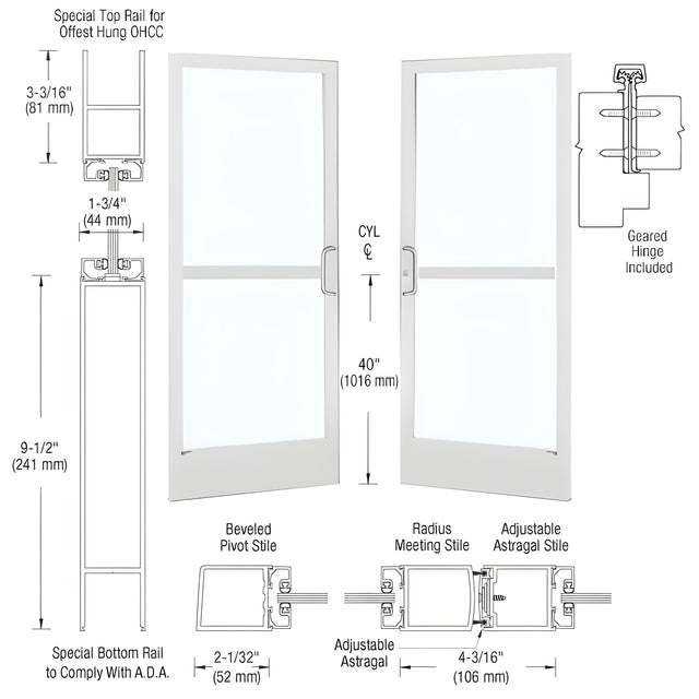 CRL-U.S. Aluminum White KYNAR® Paint Custom Pair 72" x 84" Series 250 Narrow Stile Gear Hinge Entrance Door for OHCC