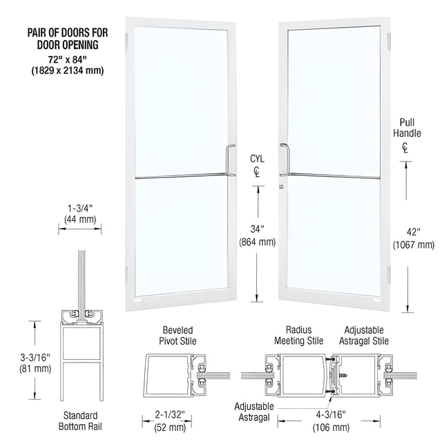 CRL-U.S. Aluminum White KYNAR® Paint Custom Pair 72" x 84" Series 250 Narrow Stile Butt Hinge Entrance Door