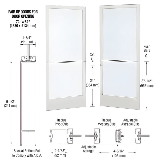CRL-U.S. Aluminum White KYNAR® Paint Custom Pair Series 250 Narrow Stile Center Pivot Entrance Doors for Overhead Concealed Door Closers