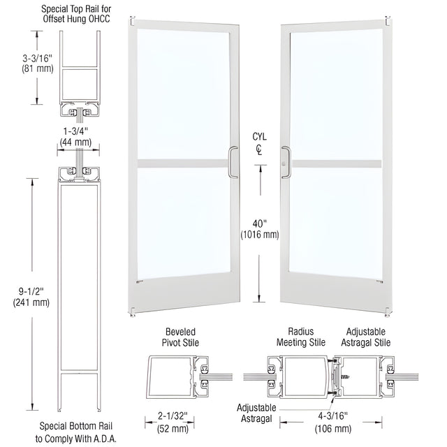 CRL-U.S. Aluminum White KYNAR® Paint Custom Pair Series 250 Narrow Stile Offset Pivot Entrance Doors With Panics for Overhead Concealed Door Closers