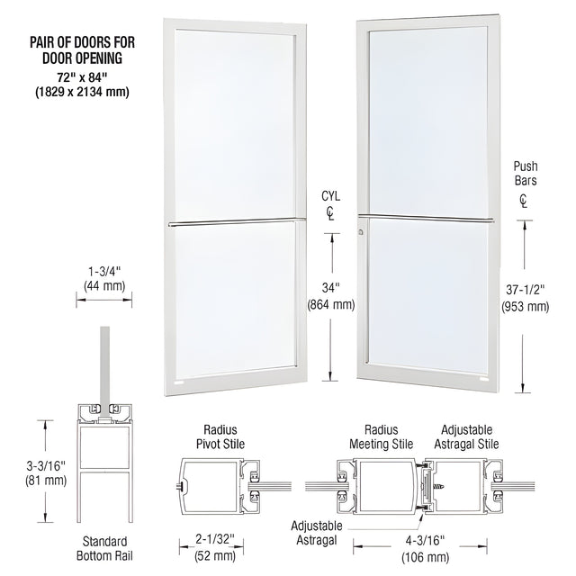 CRL-U.S. Aluminum White KYNAR® Paint Custom Pair Series 250 Narrow Stile Center Pivot Entrance Doors for Overhead Concealed Door Closers
