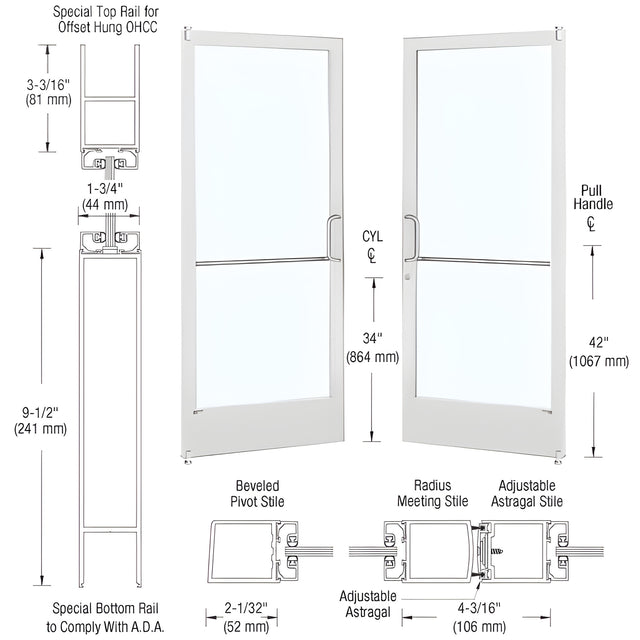 CRL-U.S. Aluminum White KYNAR® Paint Custom Pair Series 250 Narrow Stile Offset Pivot Entrance Door for Overhead Concealed Door Closers
