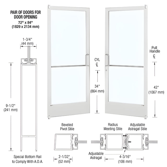 CRL-U.S. Aluminum White KYNAR® Paint Custom Pair Series 250 Narrow Stile Offset Pivot Entrance Doors for Surface Mount Door Closers