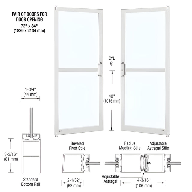 CRL-U.S. Aluminum White KYNAR® Paint Custom Pair Series 250 Narrow Stile Offset Pivot Entrance Doors For Panics for Surface Mount Door Closers