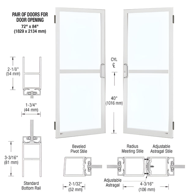 CRL-U.S. Aluminum White KYNAR® Paint Custom Pair Series 250 Narrow Stile Butt Hinge Entrance Doors for Panics and Surface Mount Door Closers