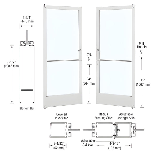 CRL-U.S. Aluminum White KYNAR® Paint Custom Pair Series 250 Narrow Stile Offset Pivot Entrance Doors for Surface Mount Door Closers