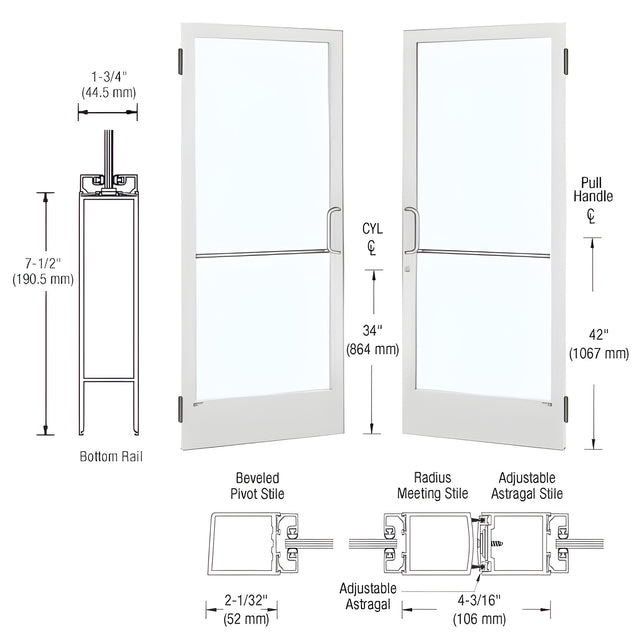 CRL-U.S. Aluminum White KYNAR® Paint Custom Pair Series 250 Narrow Stile Butt Hinge Entrance Doors for Surface Mount Door Closers