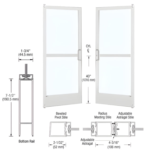 CRL-U.S. Aluminum White KYNAR® Paint Custom Pair Series 250 Narrow Stile Offset Pivot Entrance Doors With Panics for Surface Mount Door Closers