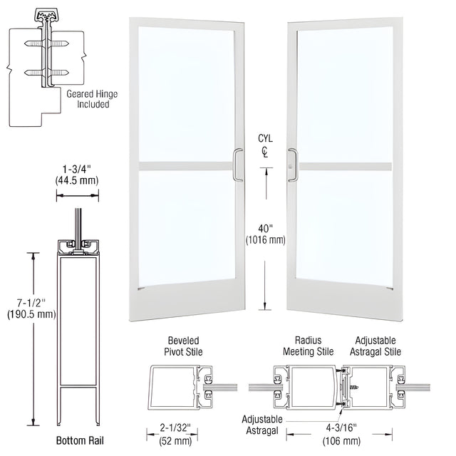 CRL-U.S. Aluminum White KYNAR® Paint Custom Pair Series 250 Narrow Stile Geared Hinge Entrance Doors With Panics for Surface Mount Door Closers