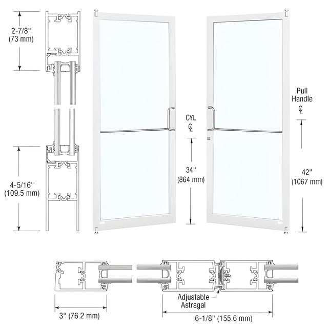 CRL-U.S. Aluminum White KYNAR® Paint Custom Pair Series 250T Narrow Stile Offset Pivot Thermal Entrance Doors for Surface Mount Door Closers