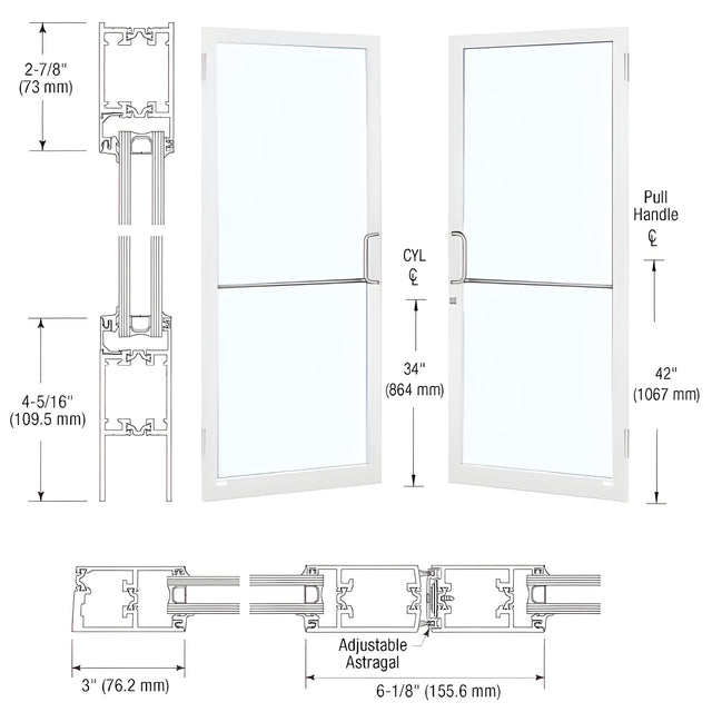 CRL-U.S. Aluminum White KYNAR® Paint Custom Pair Series 250T Narrow Stile Butt Hinge Thermal Entrance Doors for Surface Mount Door Closers