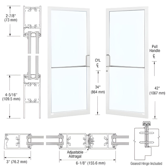CRL-U.S. Aluminum White KYNAR® Paint Custom Pair Series 250T Narrow Stile Geared Hinge Thermal Entrance Doors for Surface Mount Door Closers