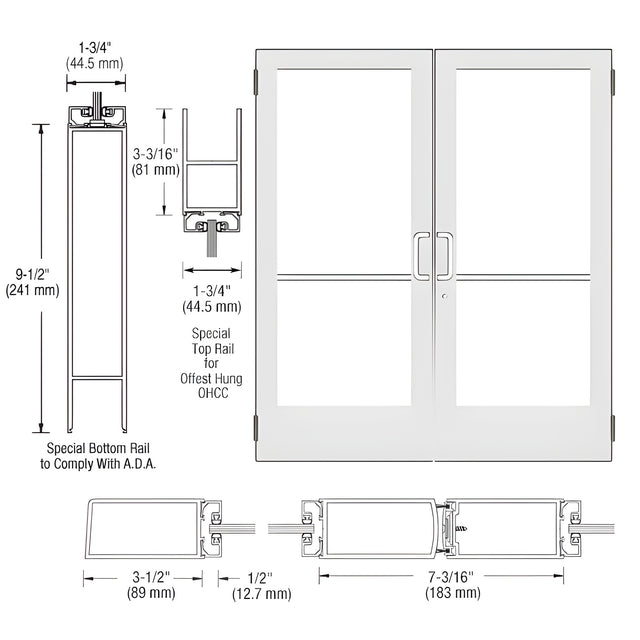 CRL-U.S. Aluminum White KYNAR® Paint Custom Pair Series 400 Medium Stile Butt Hinged Entrance Door for Overhead Concealed Door Closers
