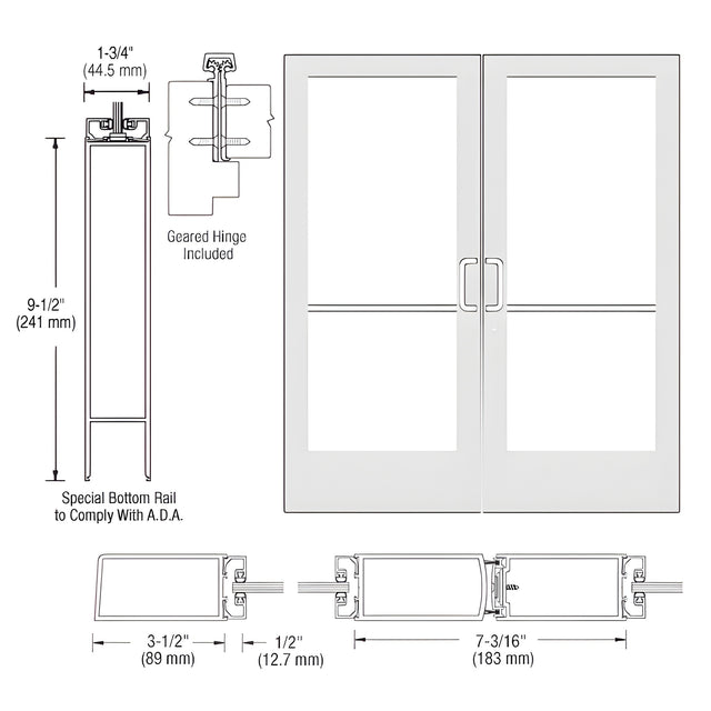 CRL-U.S. Aluminum White KYNAR® Paint Custom Pair Series 400 Medium Stile Geared Hinge Entrance Door for Surface Mount Door Closers