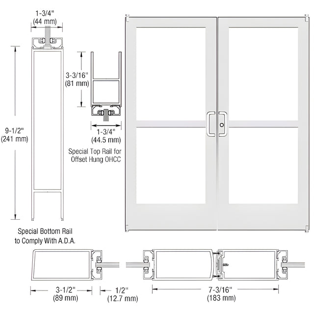 CRL-U.S. Aluminum White KYNAR® Paint Custom Pair Series 400 Medium Stile Offset Pivot Entrance Doors With Panics for Overhead Concealed Door Closers