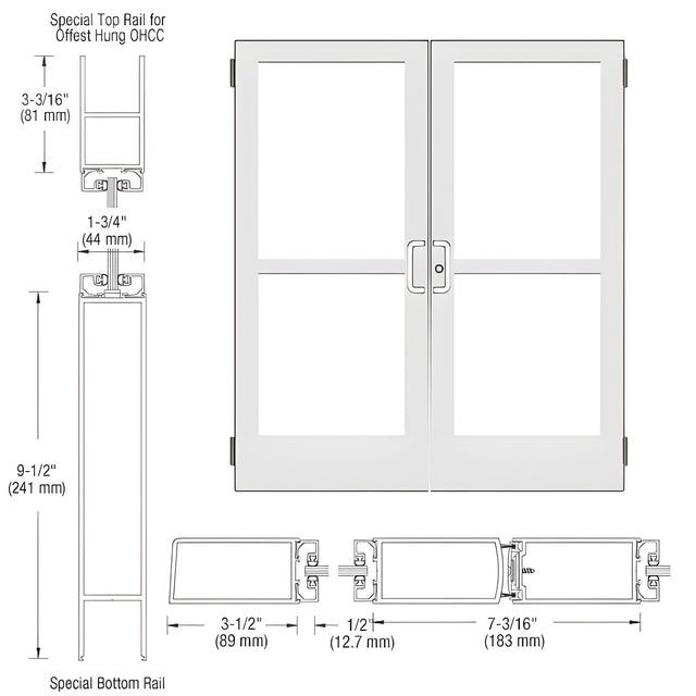 CRL-U.S. Aluminum White KYNAR® Paint Custom Pair Series 400 Medium Stile Butt Hinged Entrance Doors With Panics for Overhead Concealed Door Closers