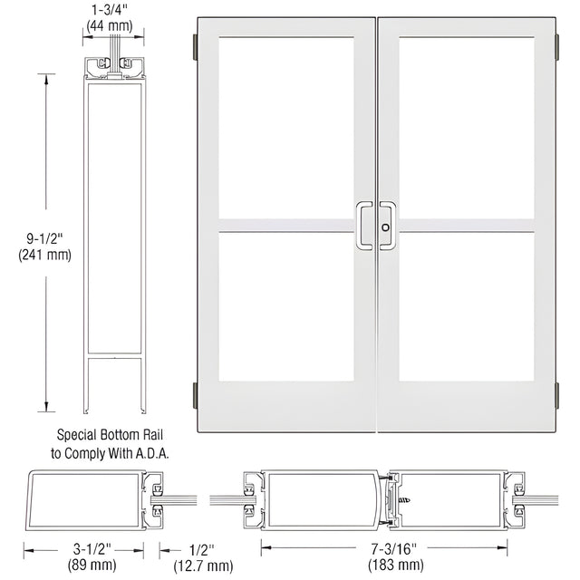 CRL-U.S. Aluminum White KYNAR® Paint Custom Pair Series 400 Medium Stile Butt Hinged Entrance Doors With Panics for Surface Mount Door Closers
