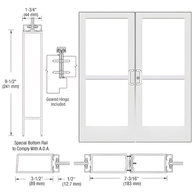 CRL-U.S. Aluminum White KYNAR® Paint Custom Pair Series 400 Medium Stile Geared Hinge Entrance Doors for Surface Mount Door Closers