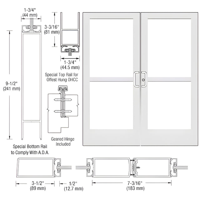 CRL-U.S. Aluminum White KYNAR® Paint Custom Pair Series 400 Medium Stile Geared Hinge Entrance Doors With Panics for Overhead Concealed Door Closers