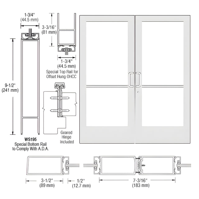 CRL-U.S. Aluminum White KYNAR® Paint Custom Pair Series 400 Medium Stile Offset Hung Geared Hinge Entrance Doors for Overhead Concealed Door Closers