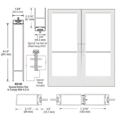 CRL-U.S. Aluminum White KYNAR® Paint Custom Pair Series 400 Medium Stile Offset Hung Geared Hinge Entrance Doors for Overhead Concealed Door Closers