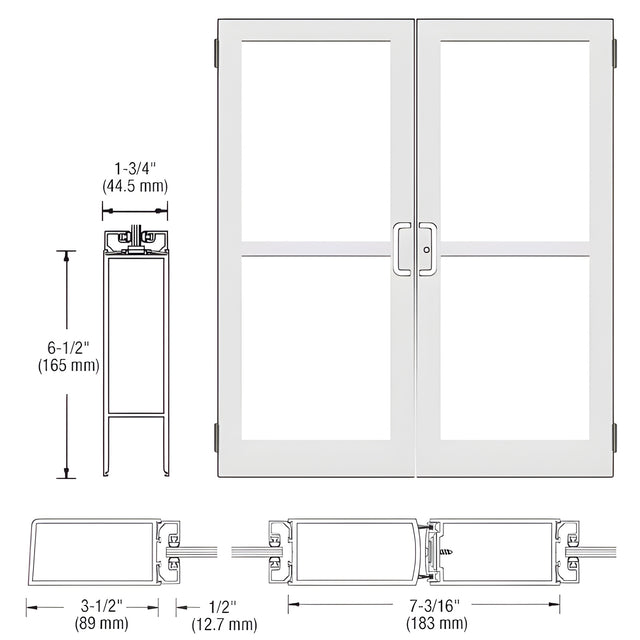 CRL-U.S. Aluminum White KYNAR® Paint Custom Pair Series 400 Medium Stile Butt Hinged Entrance Door With Panics for Surface Mount Door Closers