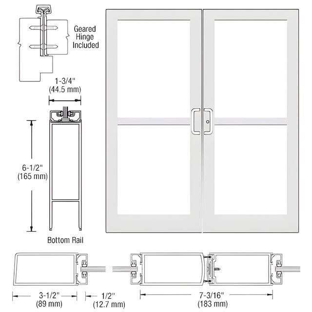 CRL-U.S. Aluminum White KYNAR® Paint Custom Pair Series 400 Medium Stile Offset Hung Geared Hinge Entrance Doors for Panics and Surface Mount Door Closers