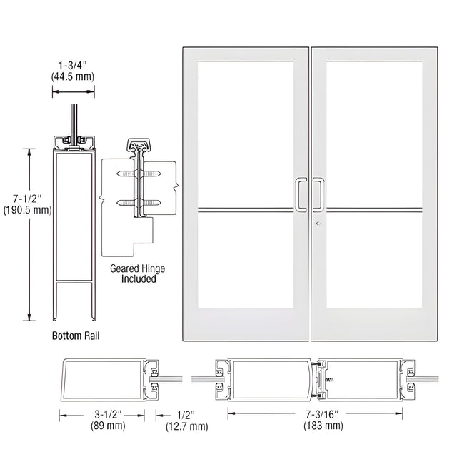 CRL-U.S. Aluminum White KYNAR® Paint Custom Pair Series 400 Medium Stile Geared Hinge Entrance Door for Surface Mount Door Closers