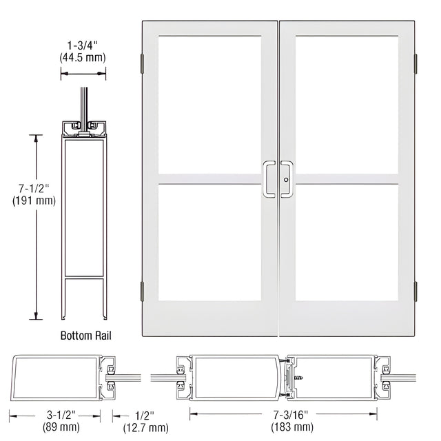CRL-U.S. Aluminum White KYNAR® Paint Custom Pair Series 400 Medium Stile Butt Hinged Entrance Doors With Panics for Surface Mount Door Closers