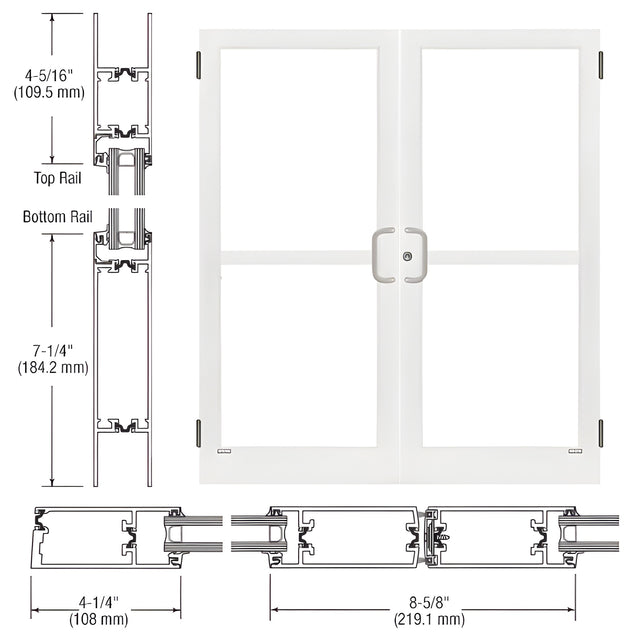 CRL-U.S. Aluminum White KYNAR® Paint Custom Pair Series 400T Thermal Medium Stile Butt Hinge Entrance Doors with Panics for Surface Mount Door Closers