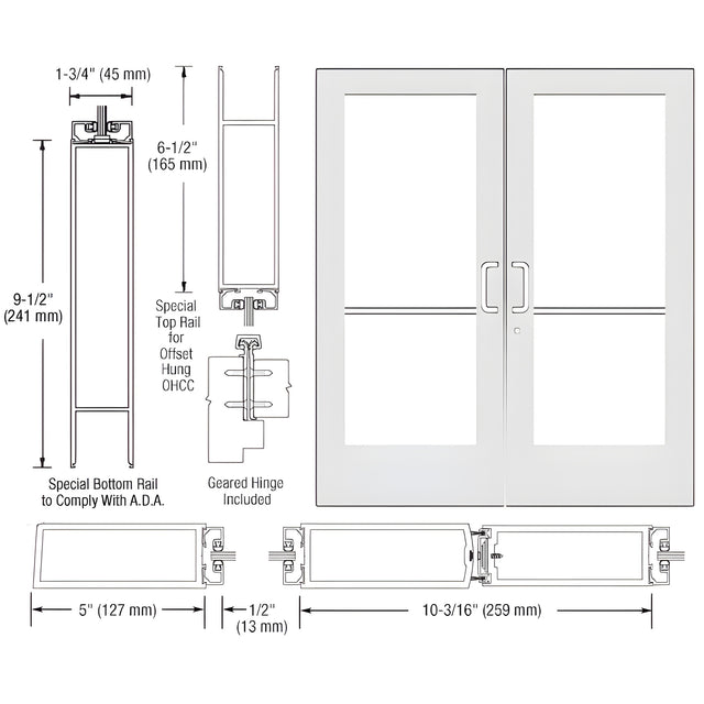 CRL-U.S. Aluminum White KYNAR® Paint Custom Pair Series 550 Wide Stile Geared Hinge Entrance Doors for Overhead Concealed Door Closers