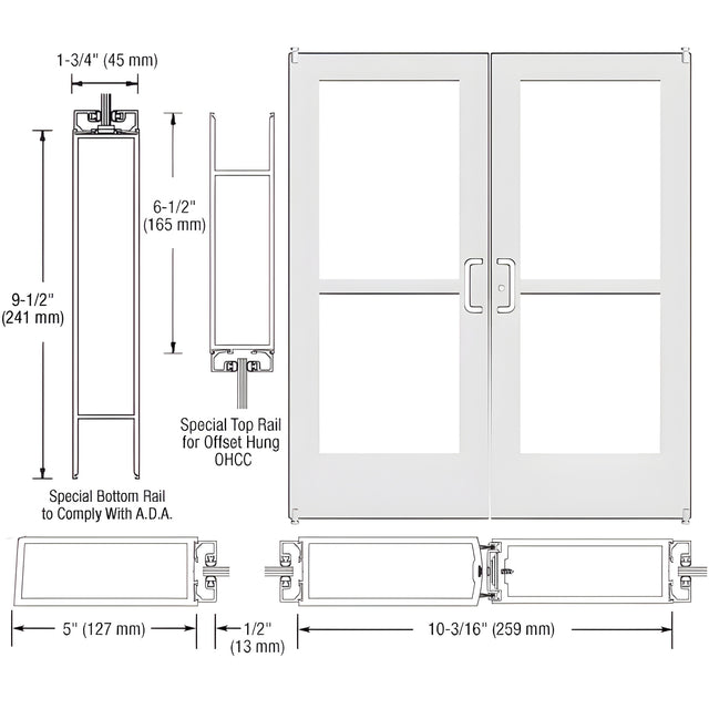 CRL-U.S. Aluminum White KYNAR® Paint Custom Pair Series 550 Wide Stile Offset Pivot Entrance Door With Panics for Overhead Concealed Door Closers