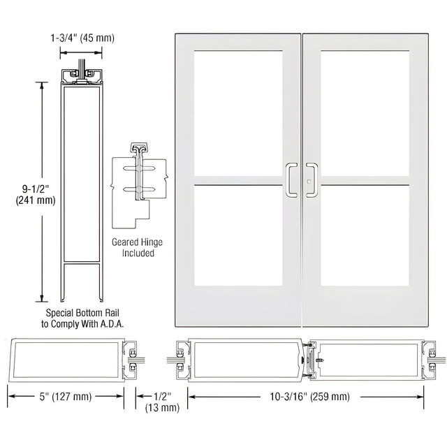 CRL-U.S. Aluminum White KYNAR® Paint Custom Pair Series 550 Wide Stile Geared Hinge Entrance Doors With Panics for Surface Mount Door Closers