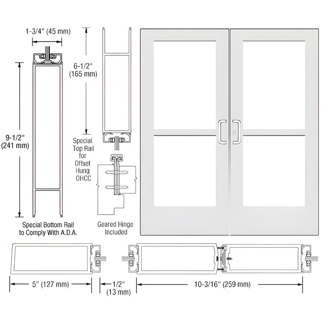 CRL-U.S. Aluminum White KYNAR® Paint Custom Pair Series 550 Wide Stile Geared Hinge Entrance Doors With Panics for Overhead Concealed Door Closers