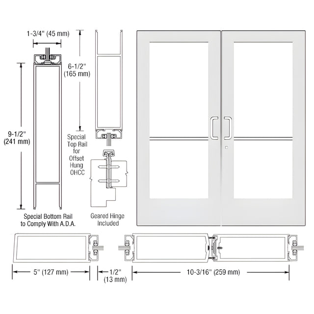 CRL-U.S. Aluminum White KYNAR® Paint Custom Pair Series 550 Wide Stile Geared Hinge Entrance Doors for Overhead Concealed Door Closers