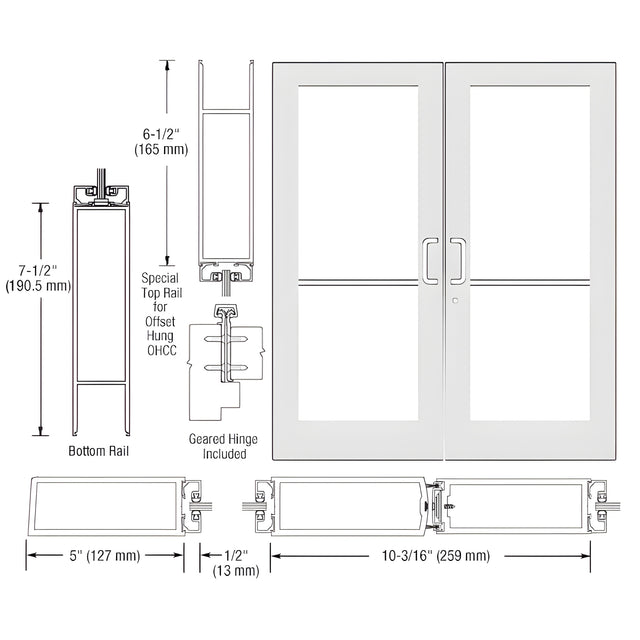 CRL-U.S. Aluminum White KYNAR® Paint Custom Pair Series 550 Wide Stile Geared Hinge Entrance Doors for Overhead Concealed Door Closers