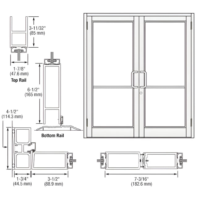 CRL-U.S. Aluminum White KYNAR® Paint Custom Pair Series 800 Durafront Medium Stile Butt Hinge Entrance Doors for Surface Mount Door Closers
