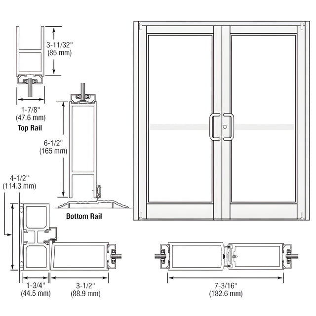 CRL-U.S. Aluminum White KYNAR® Paint Custom Pair Series 800 Durafront Medium Stile Offset Pivot Entrance Doors For Panics and Surface Mount Door Closers