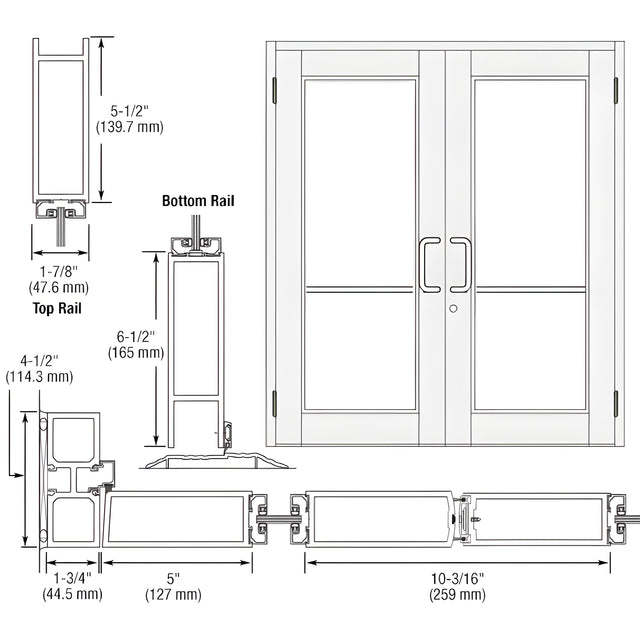 CRL-U.S. Aluminum White KYNAR® Paint Custom Pair Series 850 Durafront Wide Stile Butt Hinged Entrance Doors for Surface Mount Door Closers
